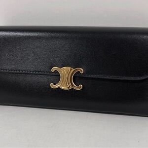 Celine Black Wallet with Gold Clasp and Flap Design